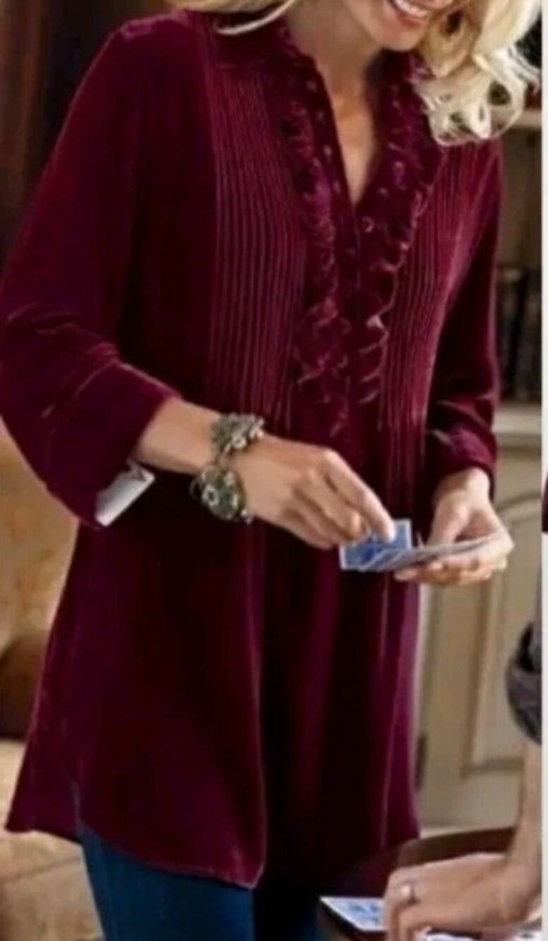 Soft Surroundings Verona Velvet Top Size M Ruffle Pintuck Dark Red  Holiday